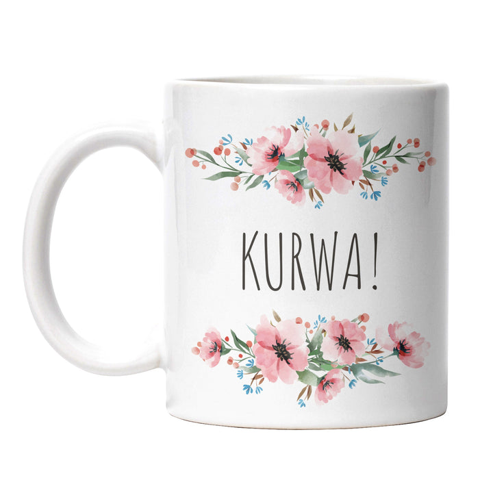 Tasse "Kurwa" – Lustiges Geschenk mit Blumen-Design für Kaffee- & Teeliebhaber