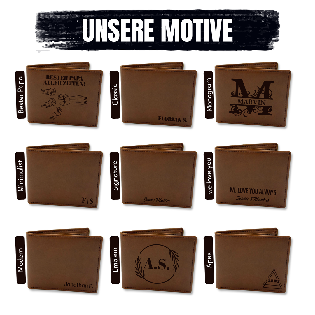 Personalisierter Geldbeutel aus Echtleder – Gravur mit Namen & 9 Motiven | Geschenk für Männer & Frauen