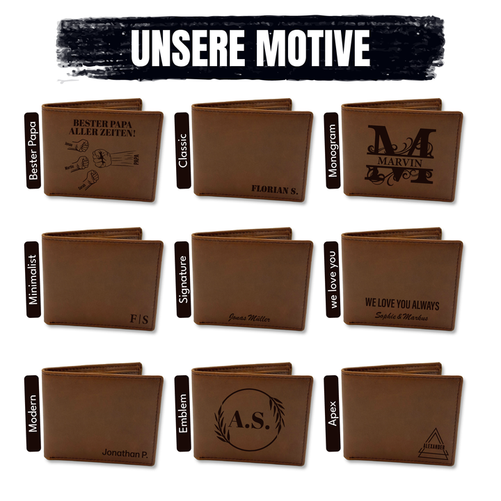 Personalisierter Geldbeutel aus Echtleder – Gravur mit Namen & 9 Motiven | Geschenk für Männer & Frauen