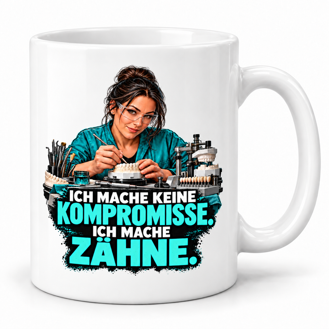 PEPAM Zahntechnikerin-Tasse „Ich mache keine Kompromisse. Ich mache Zähne.“ – Weiß
