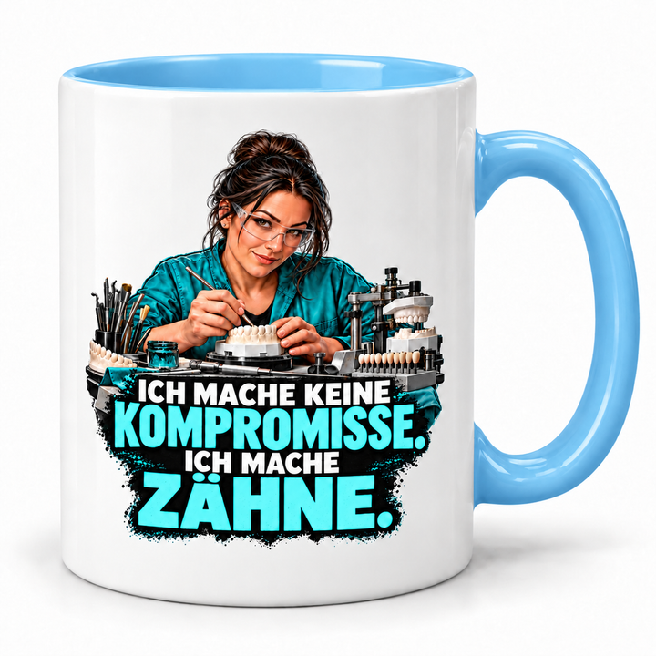 PEPAM Zahntechnikerin-Tasse „Ich mache keine Kompromisse. Ich mache Zähne.“ – Blau