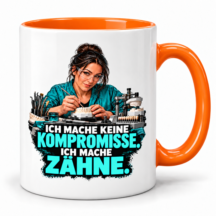 PEPAM Zahntechnikerin-Tasse „Ich mache keine Kompromisse. Ich mache Zähne.“ – Orange