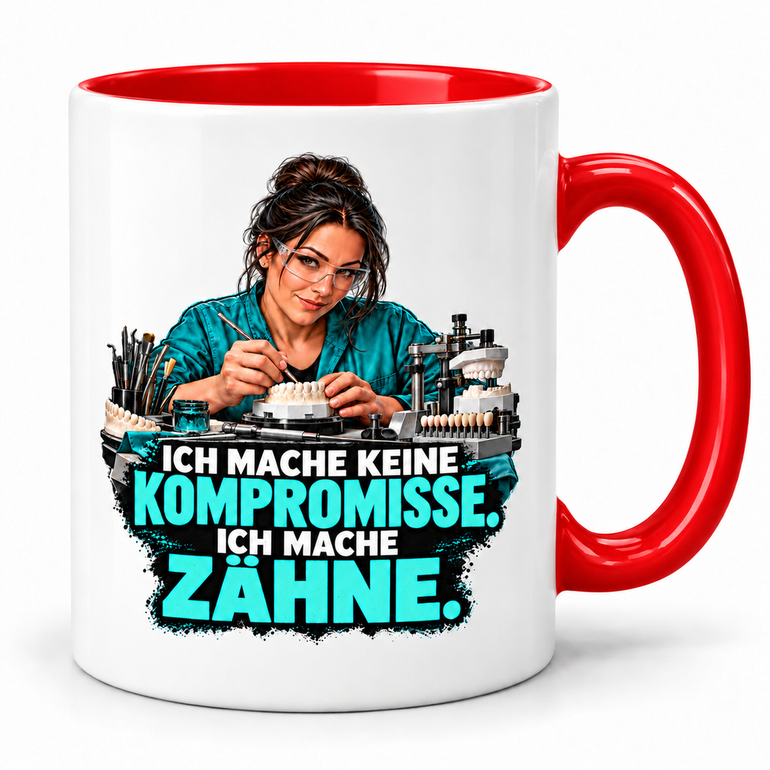 PEPAM Zahntechnikerin-Tasse „Ich mache keine Kompromisse. Ich mache Zähne.“ – Rot