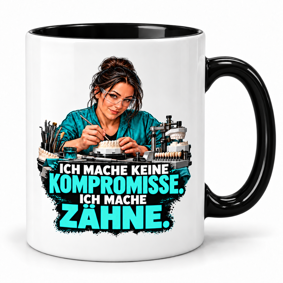 PEPAM Zahntechnikerin-Tasse „Ich mache keine Kompromisse. Ich mache Zähne.“ – Schwarz