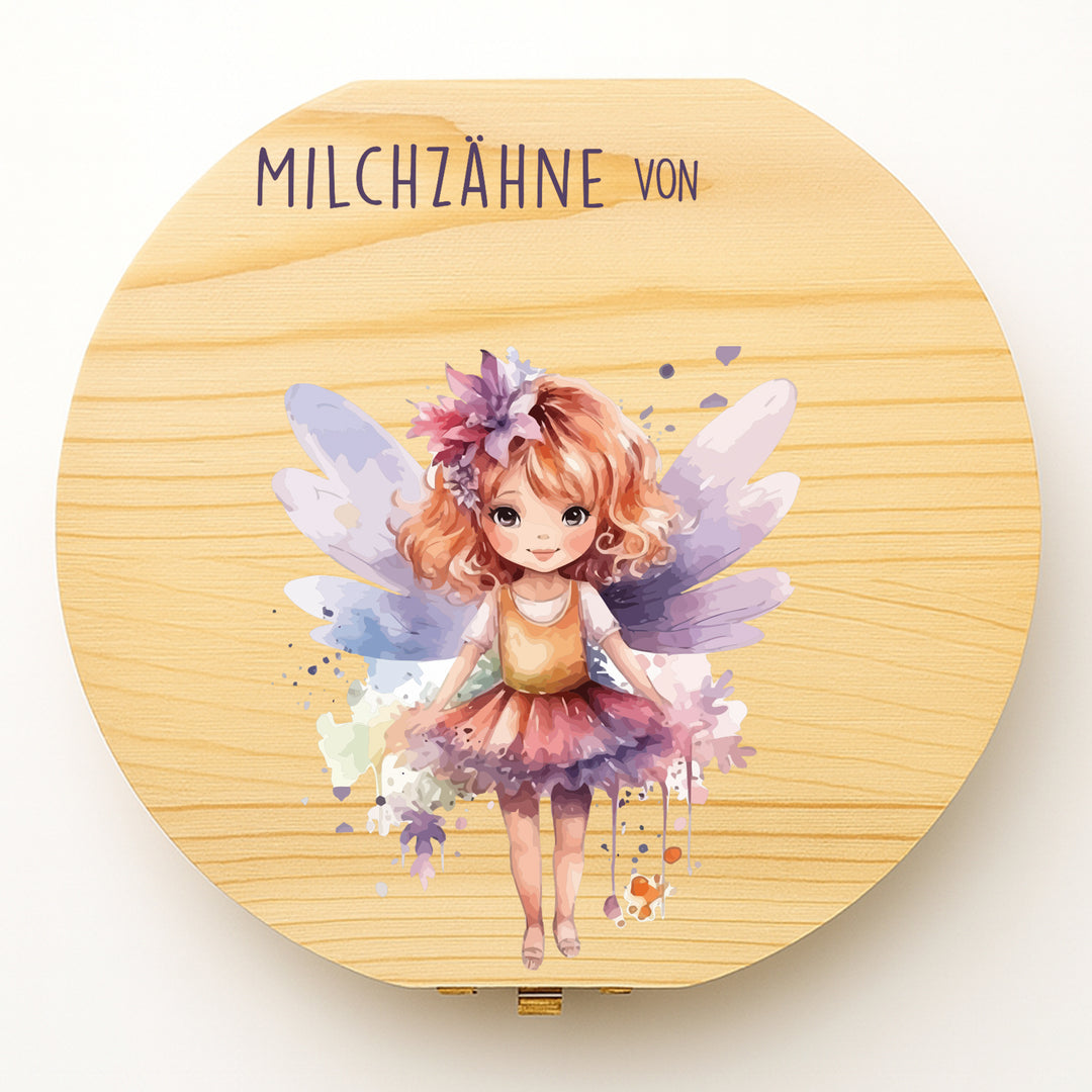 Personalisierte Zahndose mit Fee 2 Motiv | Magische Holzbox für Milchzähne | Geschenk zur Zahnfee, Taufe & Einschulung