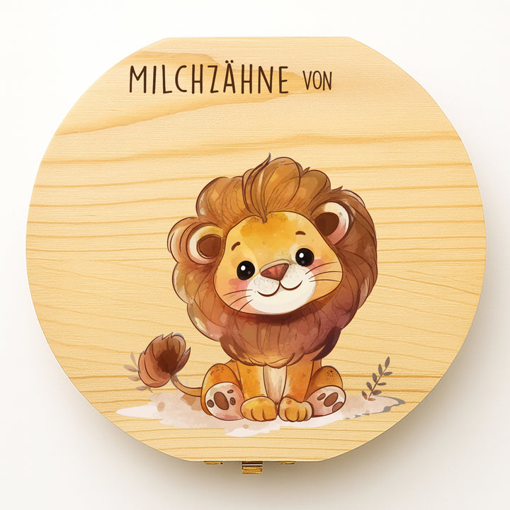 Personalisierte Zahndose mit Löwenmotiv | Mutiger Löwe Holzbox für Milchzähne | Geschenk zur Geburt, Taufe & Einschulung