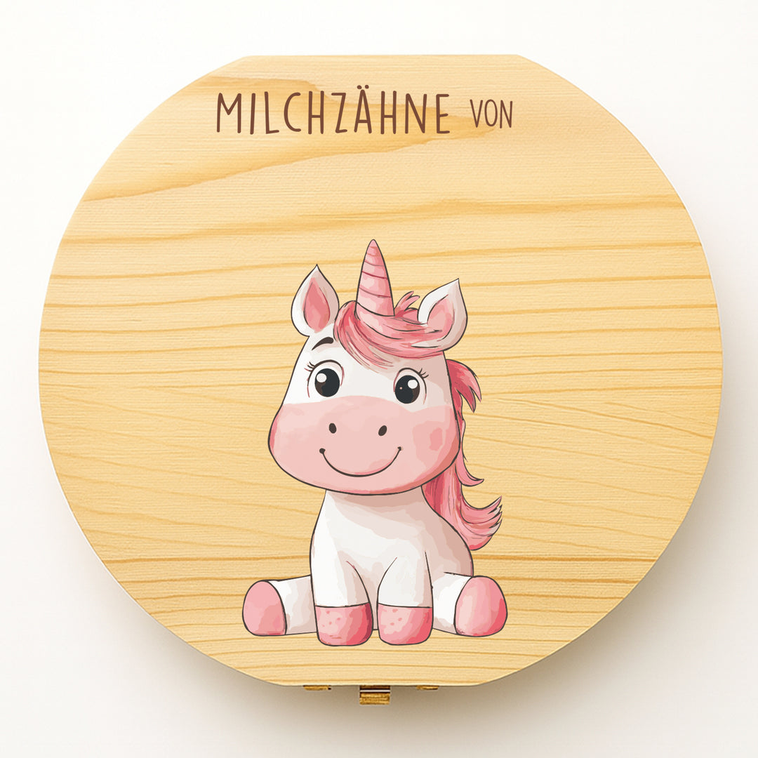 Personalisierte Zahndose mit Einhornmotiv | Magische Holzbox für Milchzähne | Geschenk zur Taufe, Einschulung & Zahnfee