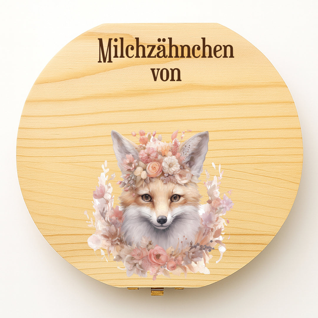 Personalisierte Zahndose mit Fuchs & Blumen | Holzbox für Milchzähne | Geschenk zur Geburt, Taufe & Zahnfee