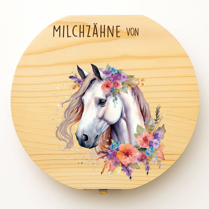 Personalisierte Zahndose mit Pferd-Motiv | Holzbox für Milchzähne | Geschenk zur Taufe, Einschulung & Zahnfee