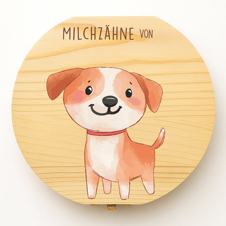 Personalisierte Zahndose mit Hundemotiv | Holz Erinnerungsbox für Milchzähne | Geschenk zum Geburtstag & zur Einschulung
