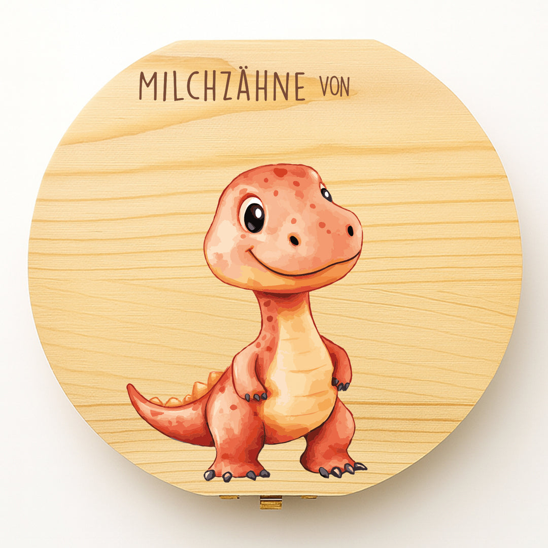 Personalisierte Zahndose mit Dino-Motiv in Orange | Holzbox für Milchzähne | Geschenk zur Taufe & Einschulung