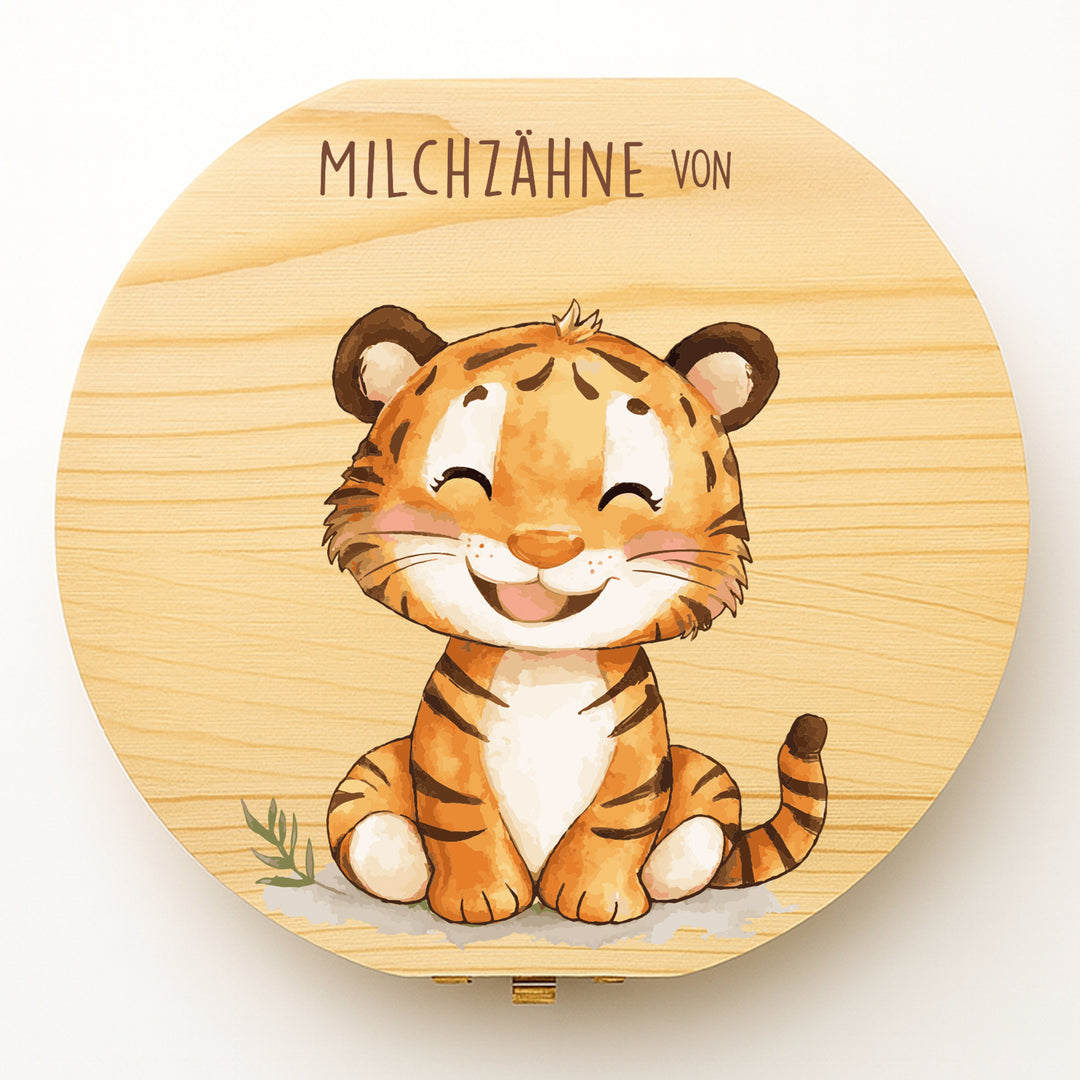 Personalisierte Zahndose mit Tiger-Motiv | Holzbox für Milchzähne | Geschenk zum Geburtstag & zur Einschulung