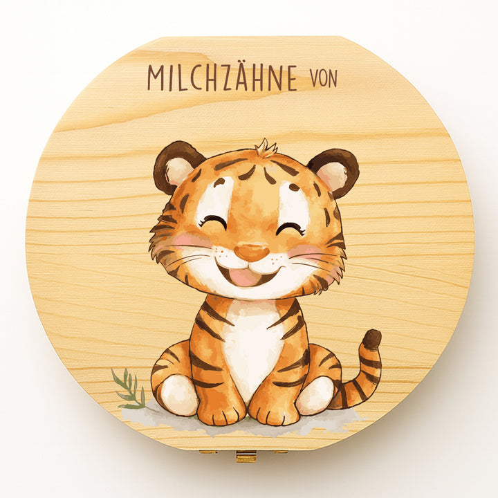 Personalisierte Zahndose mit Tiger-Motiv | Holzbox für Milchzähne | Geschenk zum Geburtstag & zur Einschulung