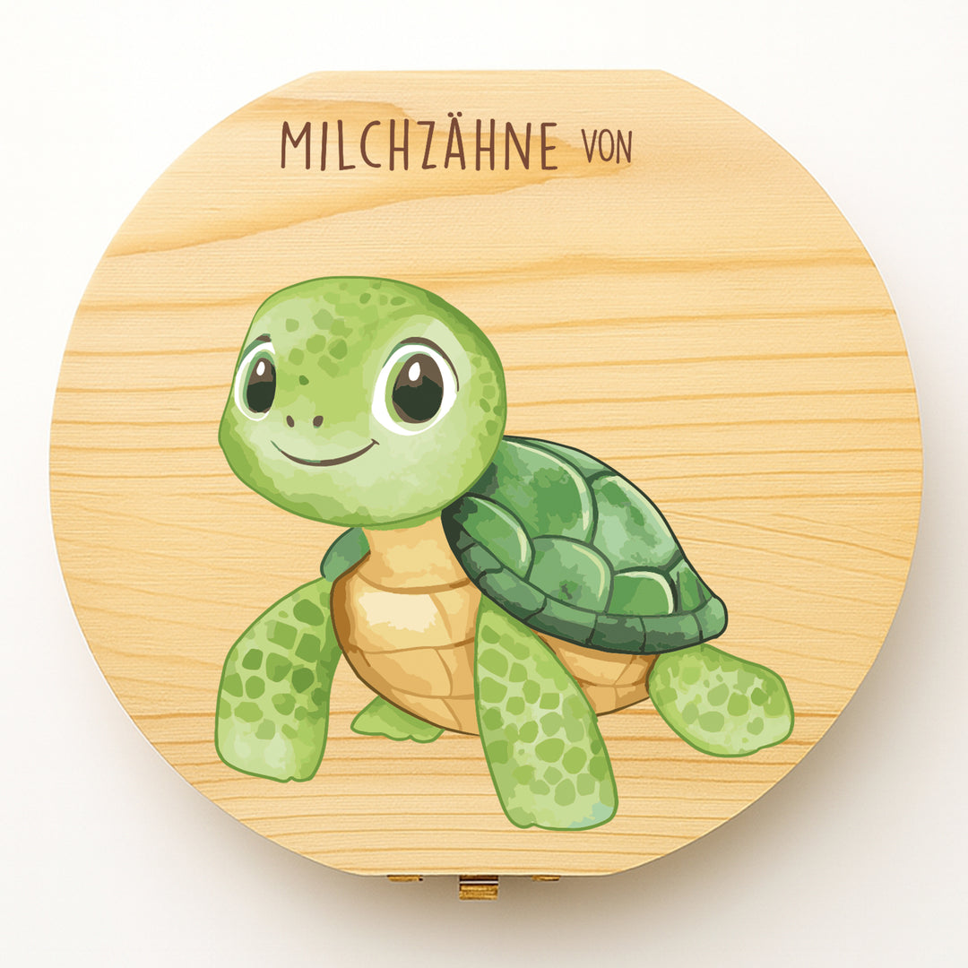 Personalisierte Zahndose mit Schildkrötenmotiv | Holzbox für Milchzähne | Geschenk zur Geburt, Taufe & Zahnfee