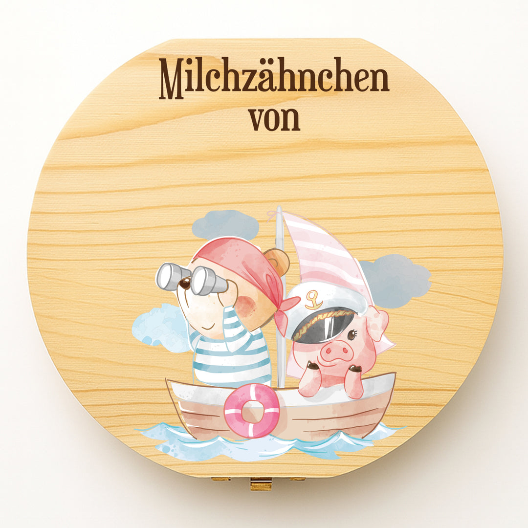 Personalisierte Zahndose mit Piratenmotiv | Abenteuer-Holzbox für Milchzähne | Geschenk zur Einschulung, Taufe & Zahnfee
