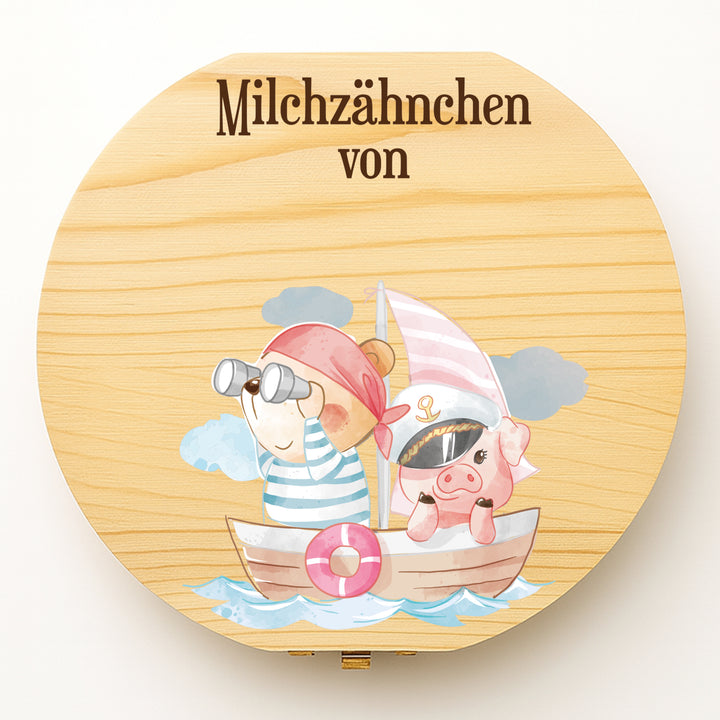 Personalisierte Zahndose mit Piratenmotiv | Abenteuer-Holzbox für Milchzähne | Geschenk zur Einschulung, Taufe & Zahnfee