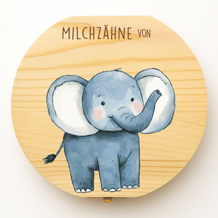 Personalisierte Zahndose mit Elefantenmotiv | Holzbox für Milchzähne | Geschenk zur Taufe & zum Geburtstag