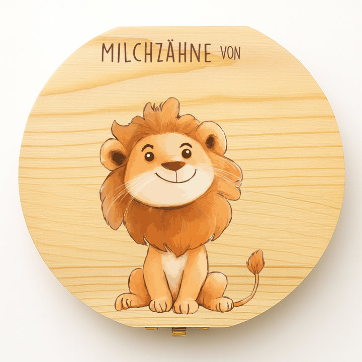 Personalisierte Zahndose mit Löwenmotiv | Mutiger Löwe aus Holz | Milchzahndose Geschenk zur Taufe & Einschulung