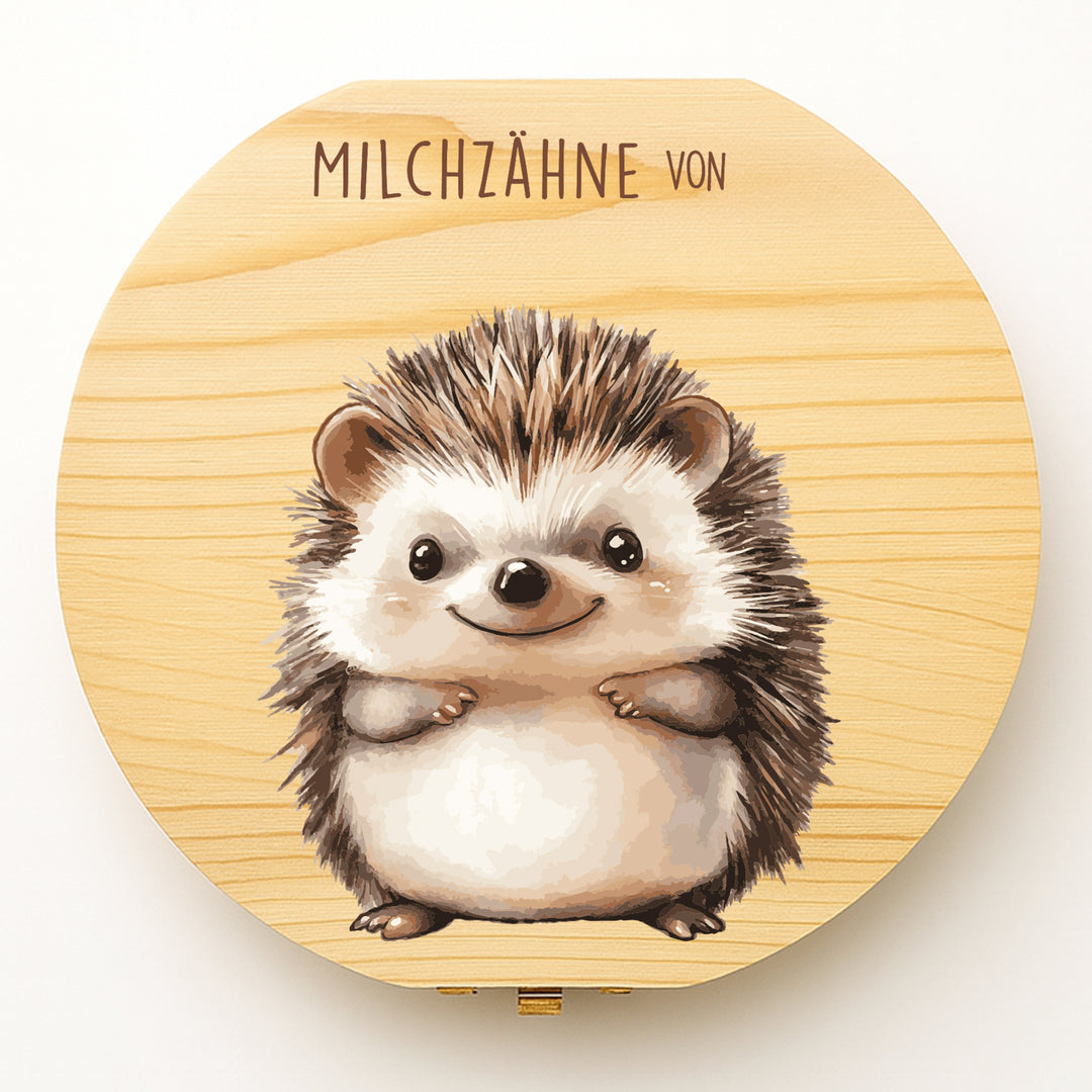 Personalisierte Zahndose mit Igelmotiv aus Holz | Erinnerungsbox für Milchzähne | Geschenk zur Taufe & Geburtstag