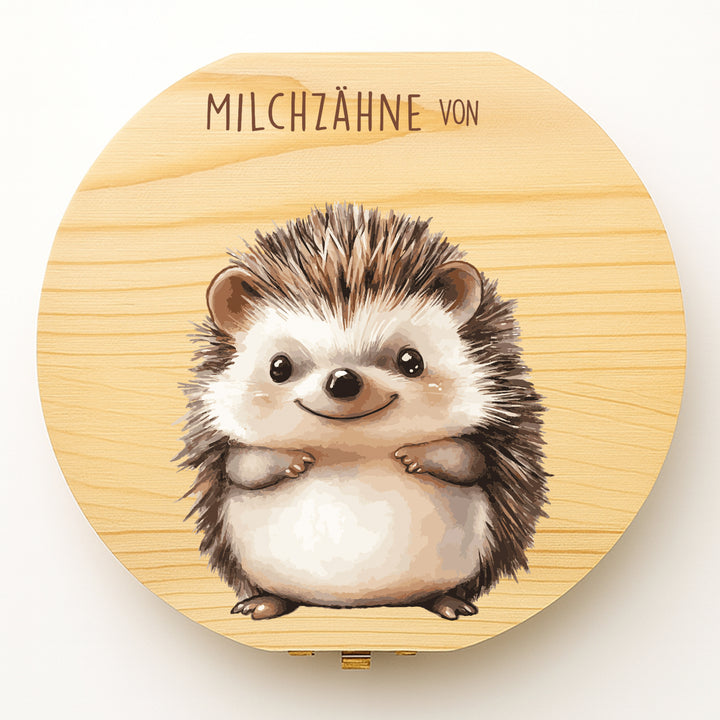 Personalisierte Zahndose mit Igelmotiv aus Holz | Erinnerungsbox für Milchzähne | Geschenk zur Taufe & Geburtstag