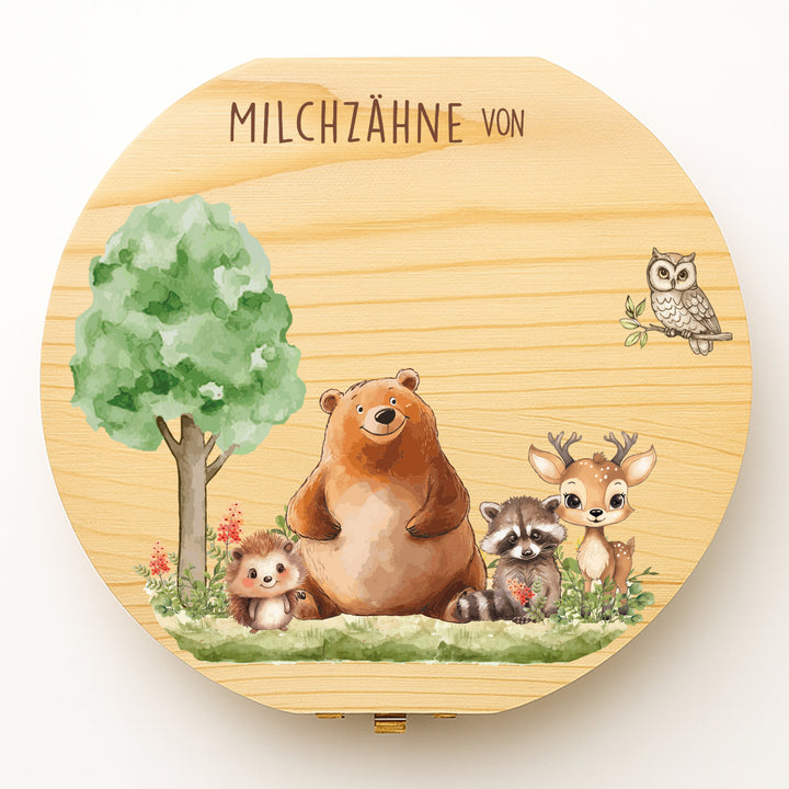 Personalisierte Zahndose mit Waldtier-Motiv | Holzbox für Milchzähne | Geschenk zur Geburt, Taufe & Einschulung