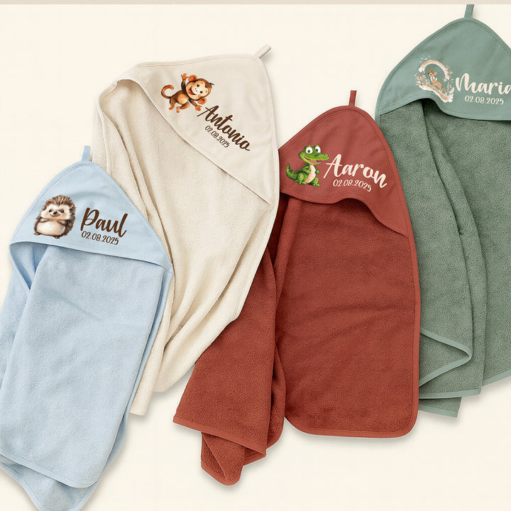 Kapuzenhandtuch Baby personalisiert mit 20 Motiven & 4 Farben zur Auswahl – 100 % Baumwolle – 70x70 cm