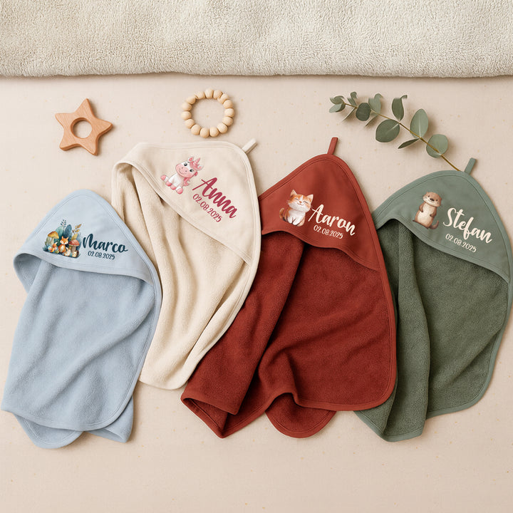 Kapuzenhandtuch Baby personalisiert mit 20 Motiven & 4 Farben zur Auswahl – 100 % Baumwolle – 70x70 cm