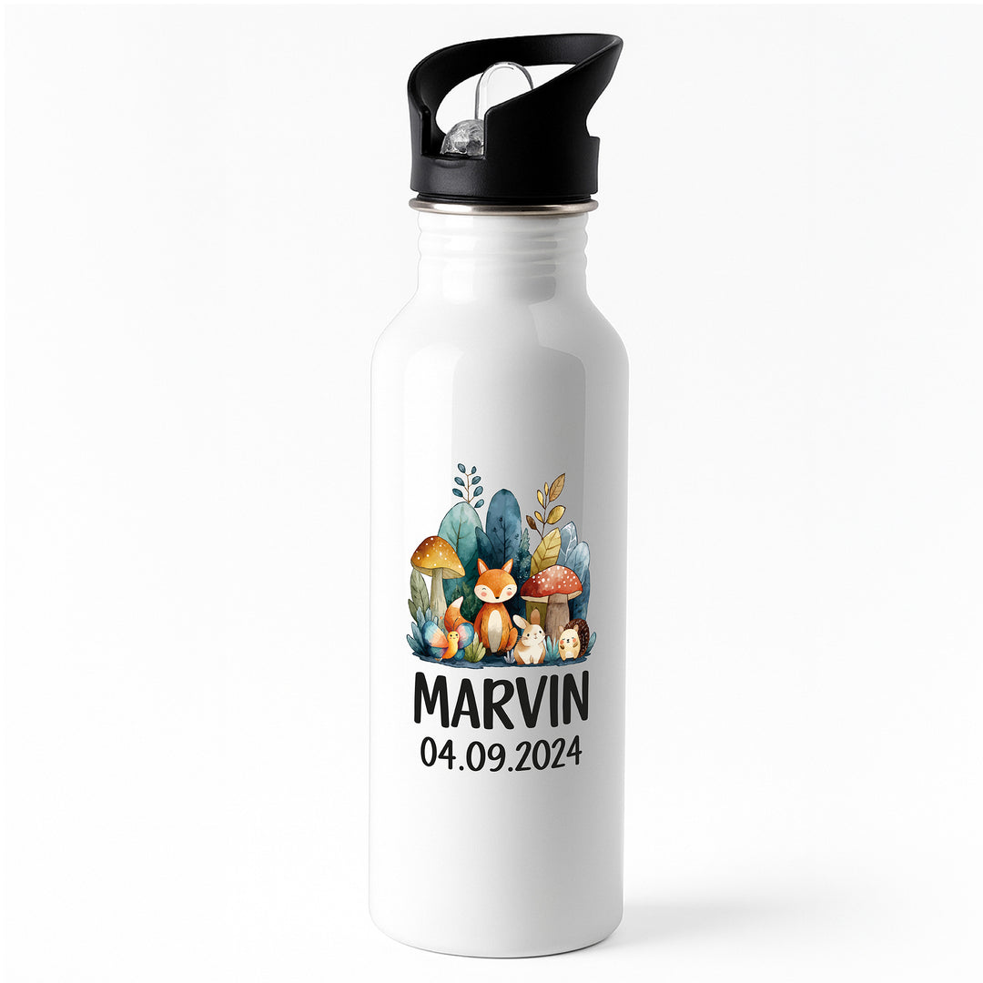 Edelstahl-Trinkflasche Kinder personalisiert – 600 ml mit Namen & Motiv – Trinkhalm & Klappdeckel – 20 Designs zur Auswahl