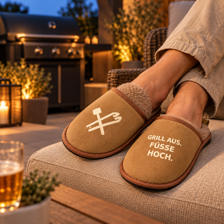 Terra Hausschuhe mit Grillmotiv an einem entspannten Abend auf der Terrasse.
