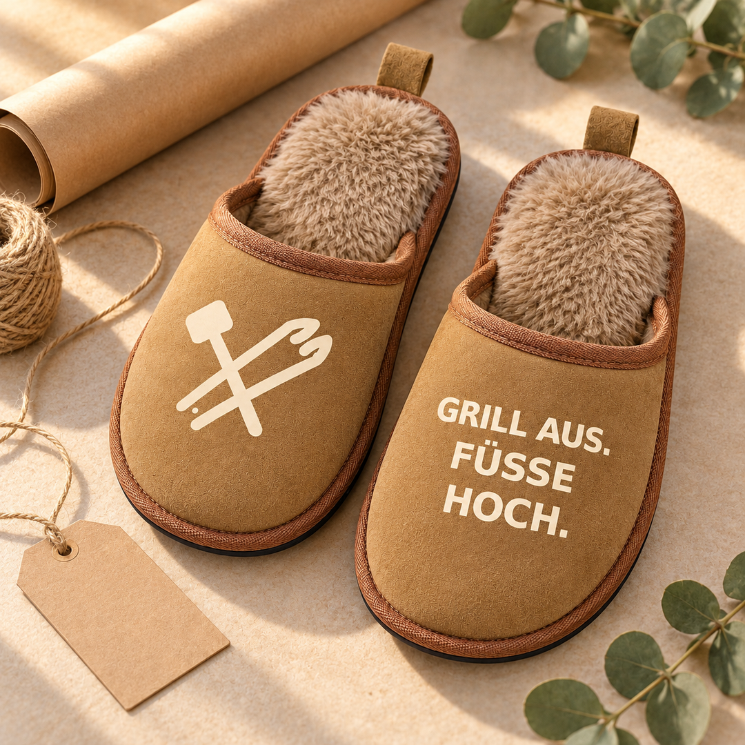 Braune Hausschuhe für Grillfans als Geschenkidee mit Kraftpapier und schlichtem Anhänger.
