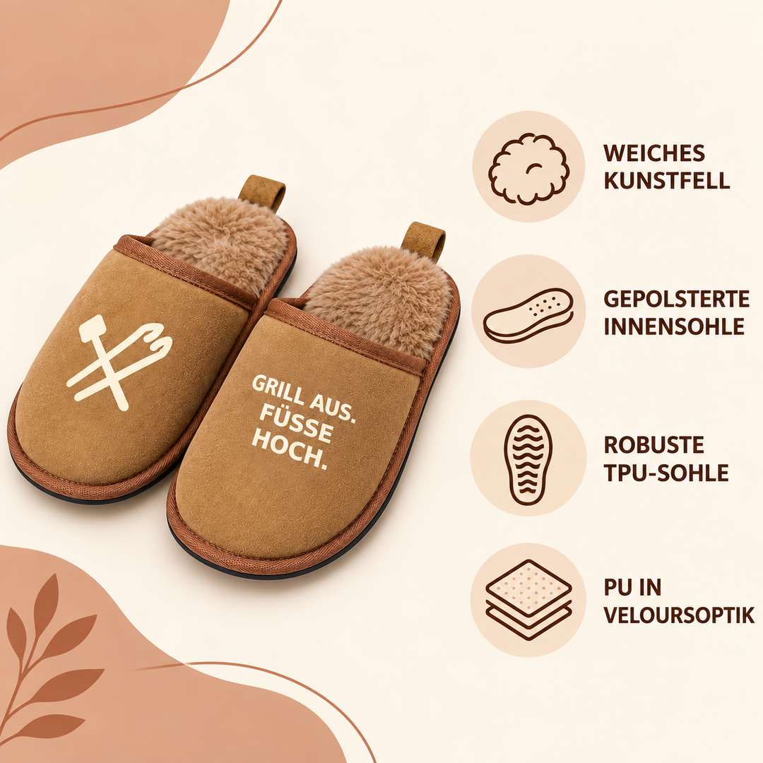Produkteigenschaften der Terra Hausschuhe: Kunstfell, gepolsterte Innensohle, TPU-Sohle und PU in Veloursoptik.