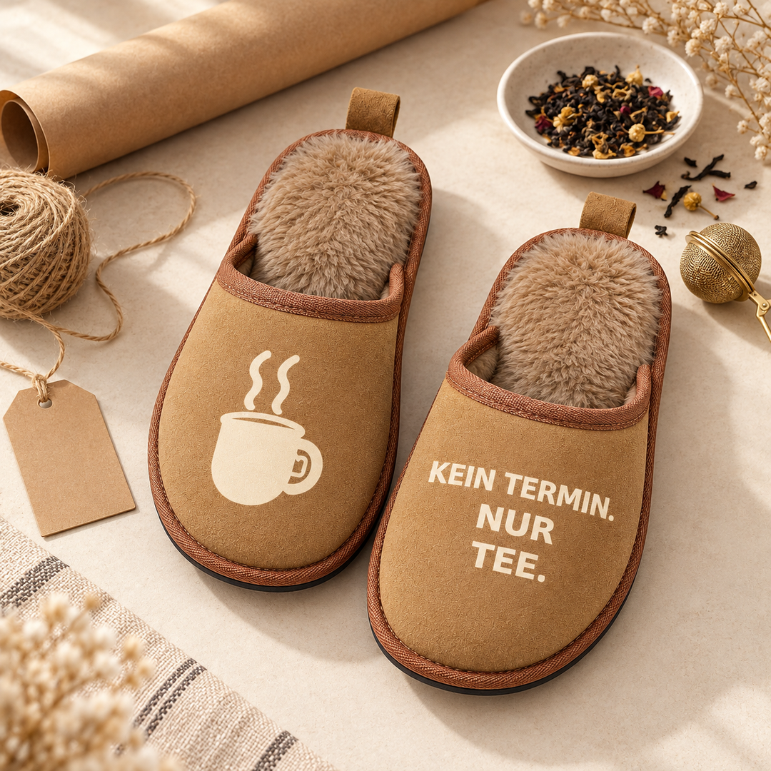 Braune Hausschuhe für Teefans als Geschenkidee mit Kraftpapier und Tee-Accessoires.
