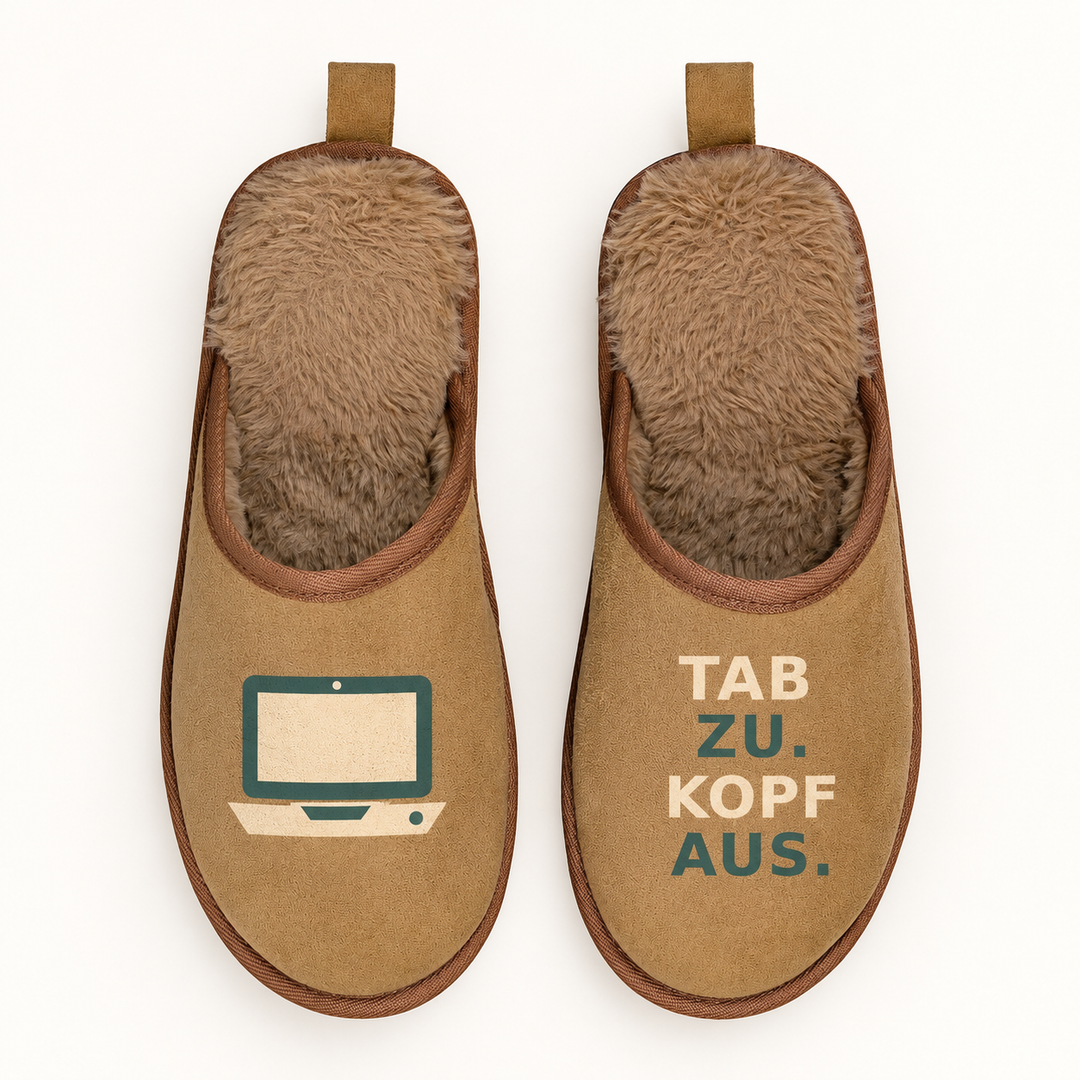 Braune Terra Hausschuhe fürs Homeoffice in direkter Draufsicht mit kompaktem Laptop-Motiv und Text Tab zu. Kopf aus.