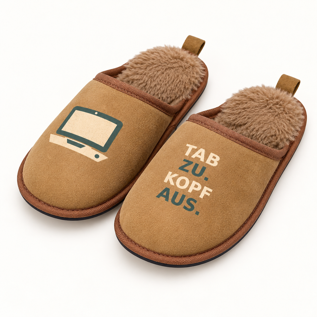 Braune gefütterte Hausschuhe mit Laptop-Motiv aus schrägem Studio-Winkel