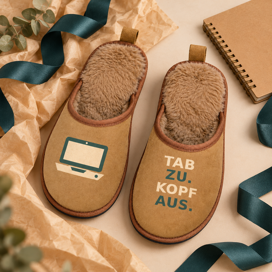 Hausschuhe Tab zu. Kopf aus. als Geschenkidee für Kollegen