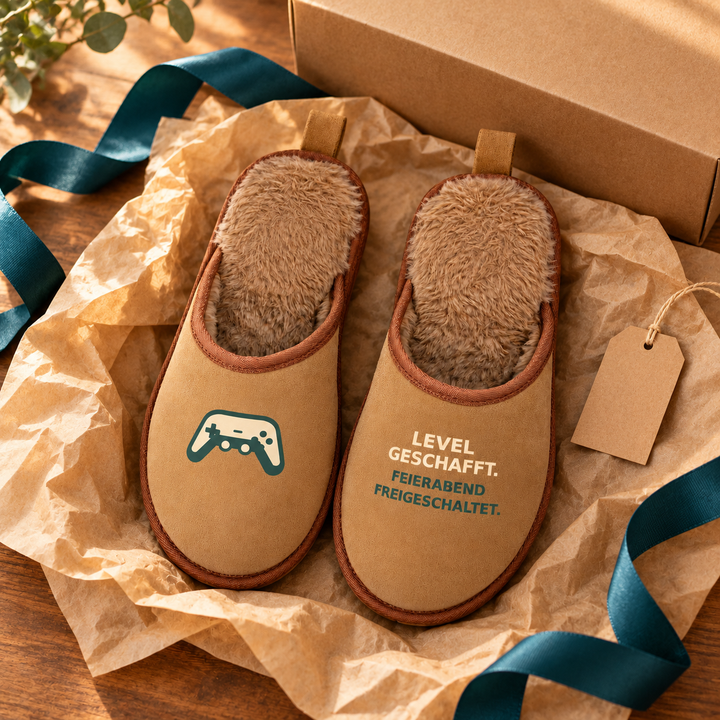 Hausschuhe für Gamer als Geschenkidee arrangiert