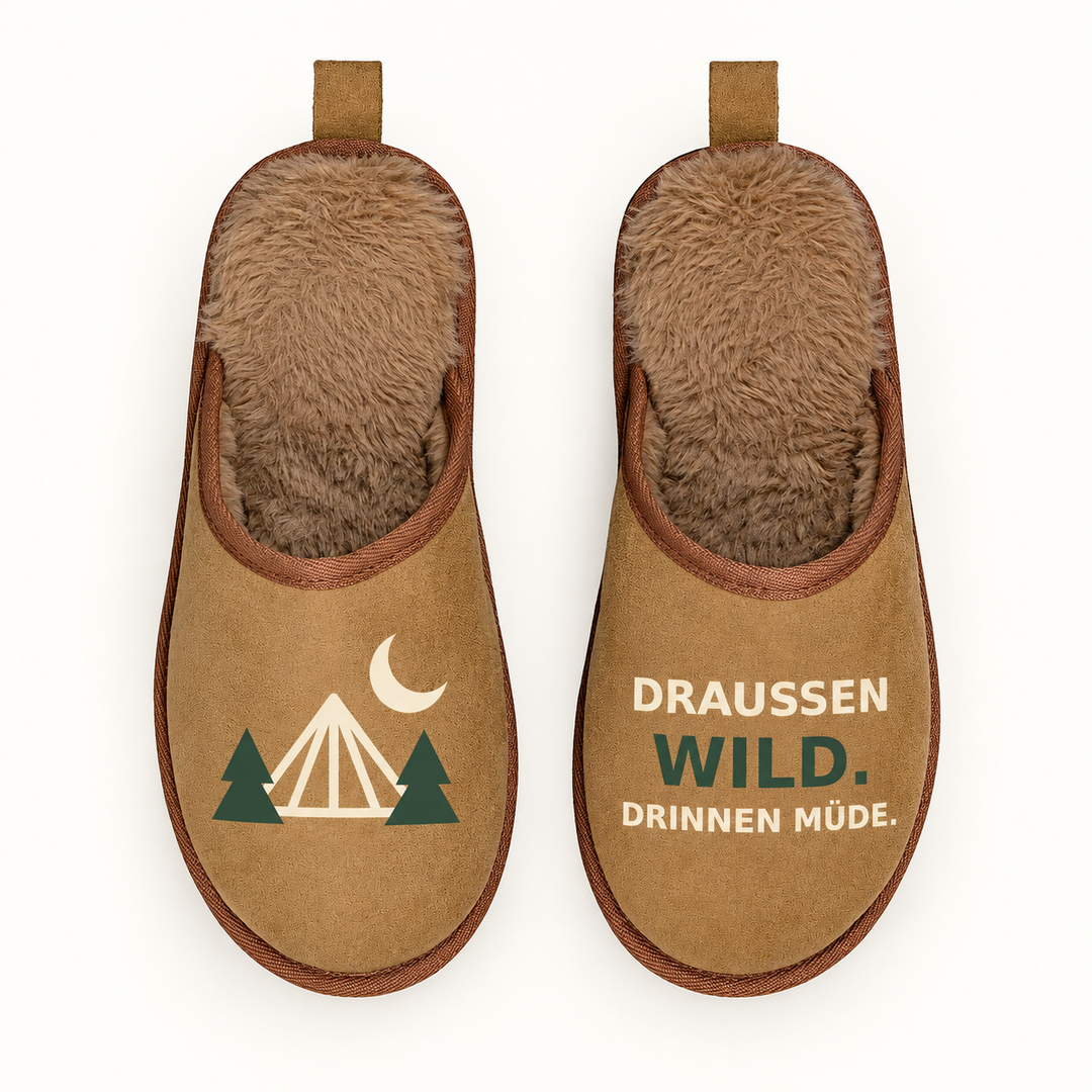 Braune Terra Camping Hausschuhe Draußen wild Drinnen müde in direkter Draufsicht