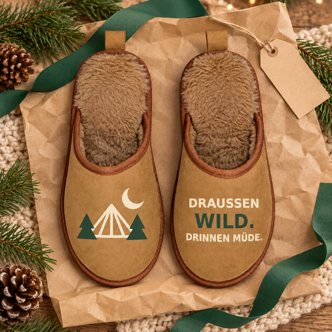 Camping Hausschuhe Draußen wild Drinnen müde als Geschenkidee