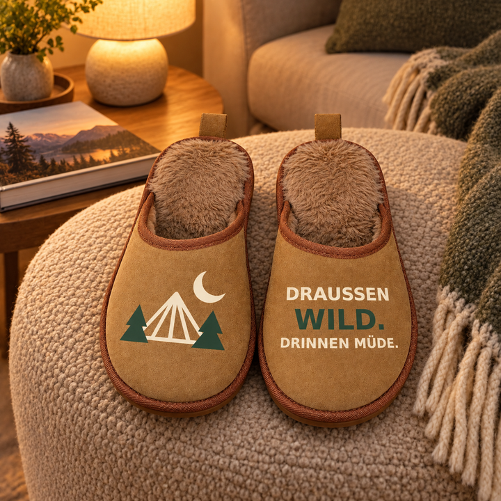 Camping Hausschuhe Draußen wild Drinnen müde beim Entspannen