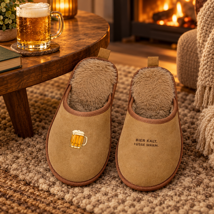 Braune Hausschuhe mit Biermotiv in einer warmen Feierabend-Lounge