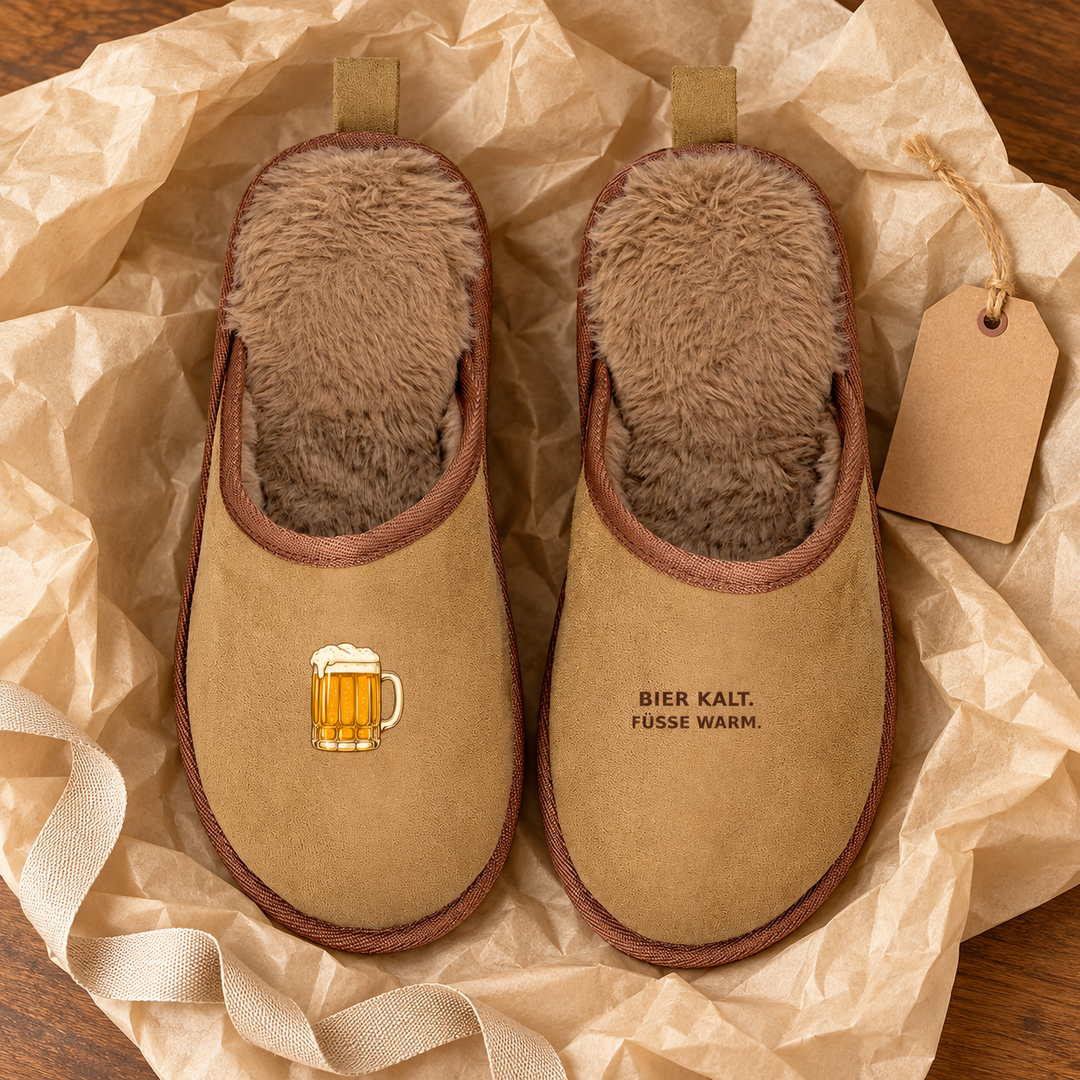 Hausschuhe Bier kalt. Füße warm. als Geschenkidee für Bierfans