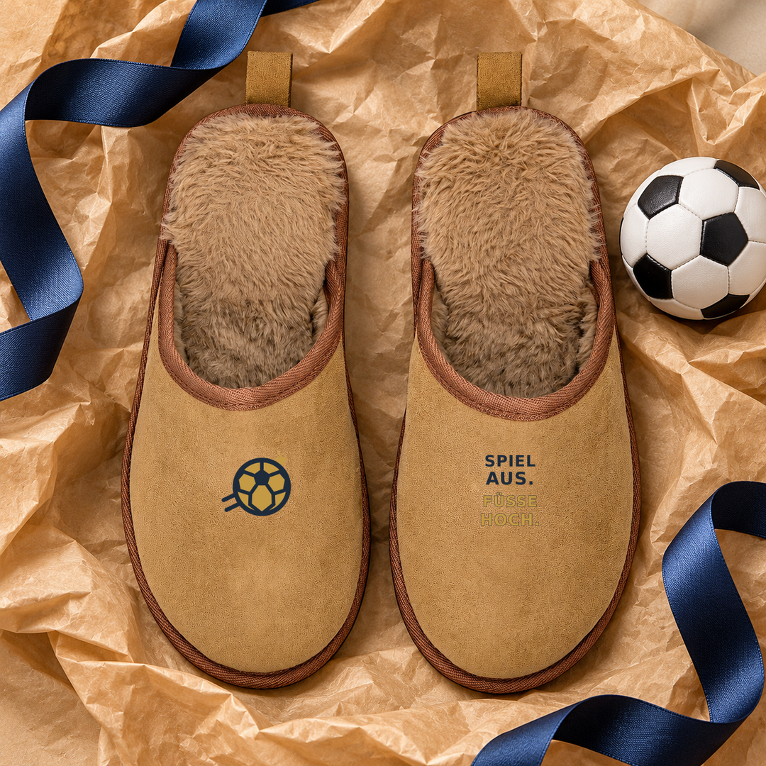 Hausschuhe als Geschenkidee für Fußballfans mit Band und rundem Fußball