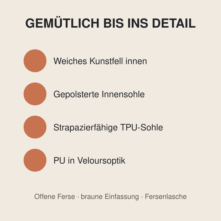 Produktvorteile: Kunstfell, Polsterung, TPU-Sohle und PU in Veloursoptik