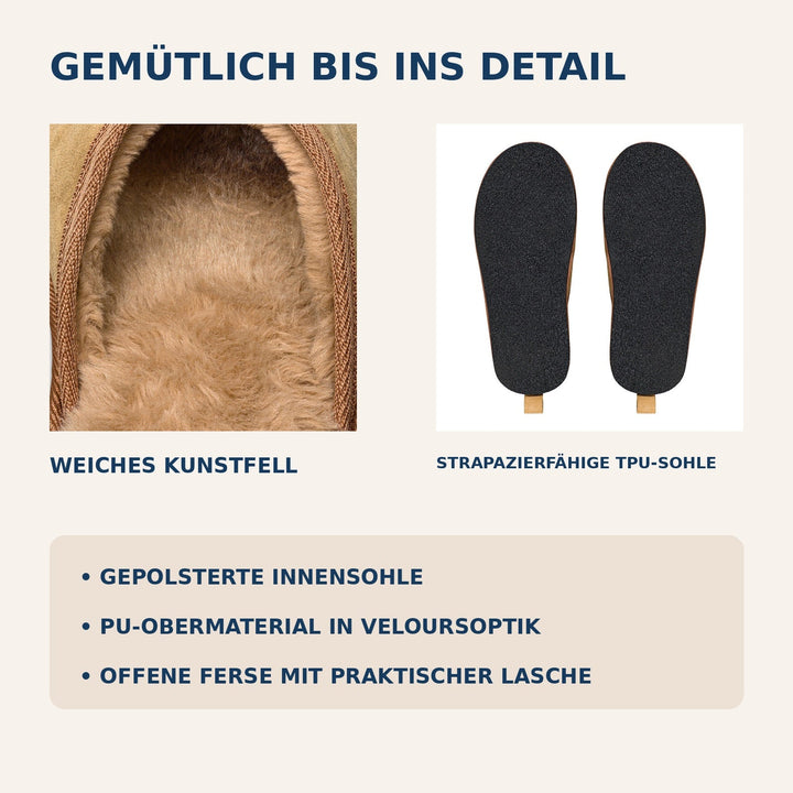 Produktdetails mit Kunstfell, TPU-Sohle, gepolsterter Innensohle und PU in Veloursoptik