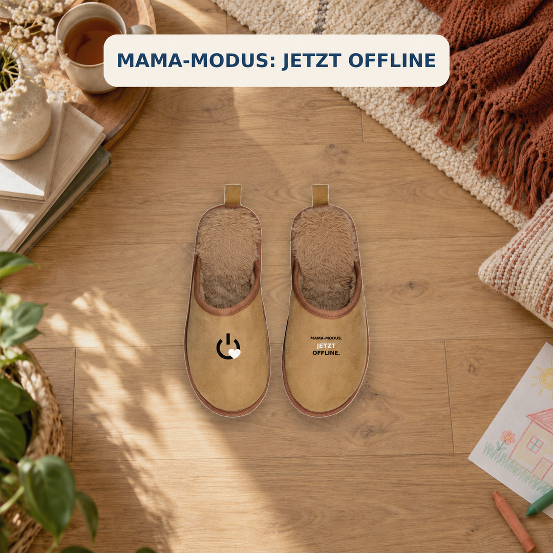 Mama-Hausschuhe in entspannter Wohnszene mit dem Hinweis Mama-Modus jetzt offline