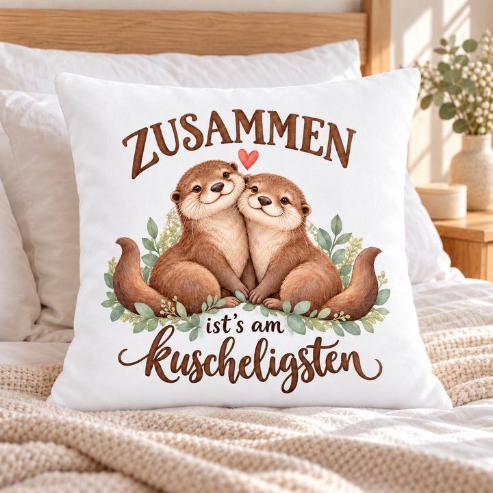 Otter-Kissen Zusammen ist’s am kuscheligsten, weiß, 40 x 40 cm mit Füllung – bedroom
