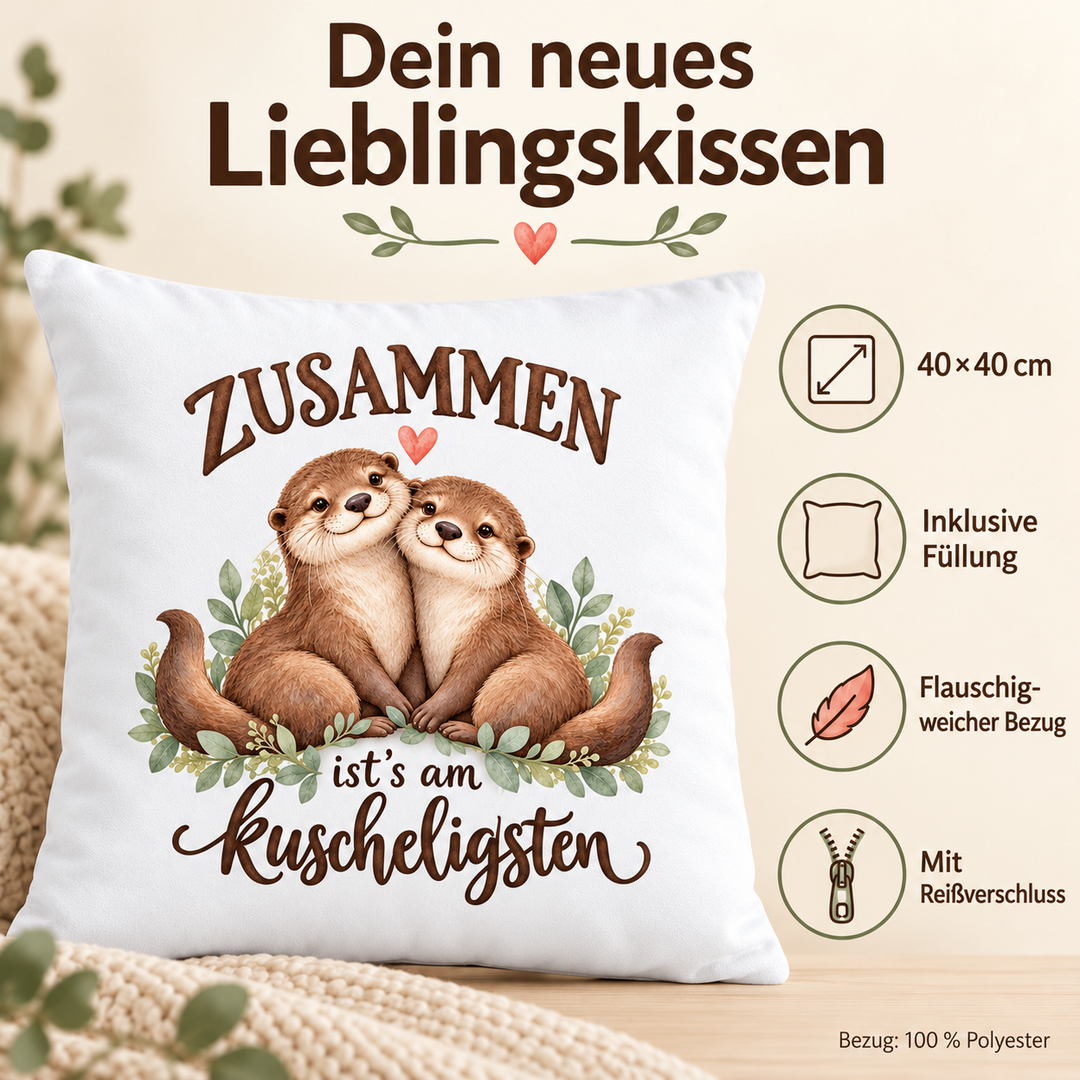 Otter-Kissen Zusammen ist’s am kuscheligsten, weiß, 40 x 40 cm mit Füllung – benefits