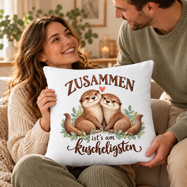 Otter-Kissen Zusammen ist’s am kuscheligsten, weiß, 40 x 40 cm mit Füllung – gift
