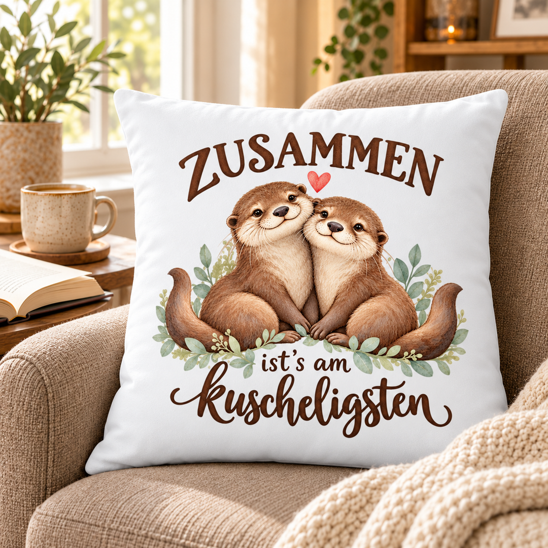 Otter-Kissen Zusammen ist’s am kuscheligsten, weiß, 40 x 40 cm mit Füllung – reading