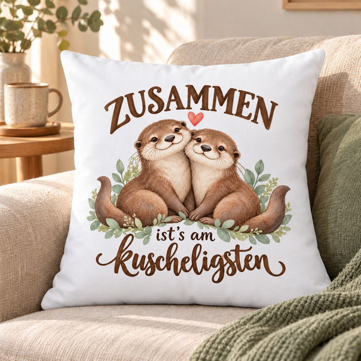 Otter-Kissen Zusammen ist’s am kuscheligsten, weiß, 40 x 40 cm mit Füllung – sofa